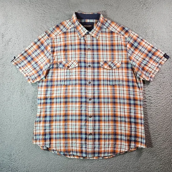 Johnston & Murphy Shirt Men Large Short Sleeve‎ Orange Green Blue Plaid - Picture 4 of 11
